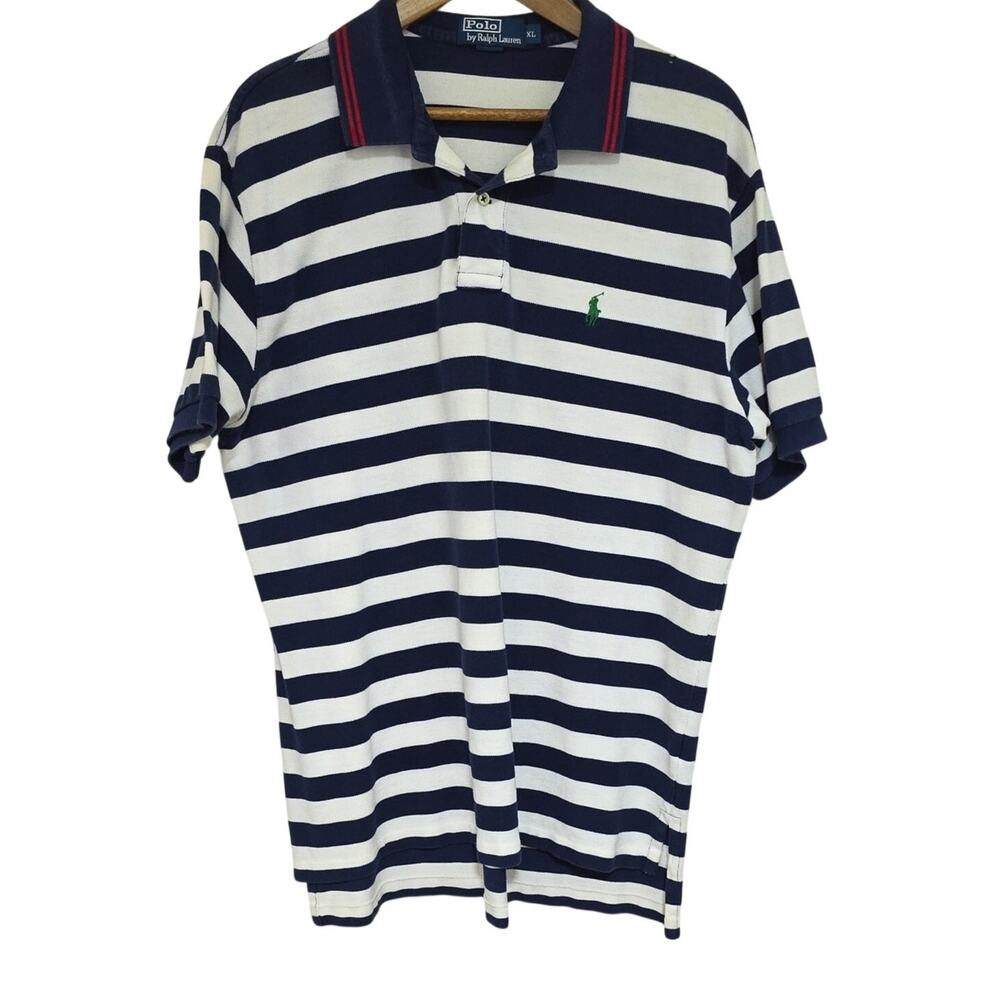 Polo Ralph Lauren Mens Sz XL Navy & White Stripe Green Logo Preppy Polo Shirt